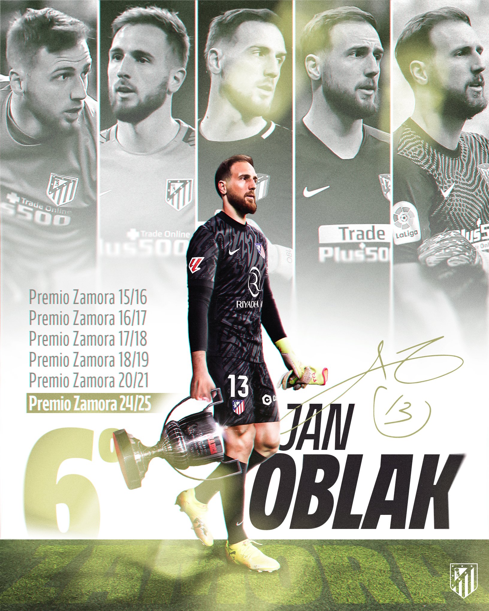 🧤奥布拉克荣膺西甲最佳门将萨莫拉奖，6次获奖成历史首人